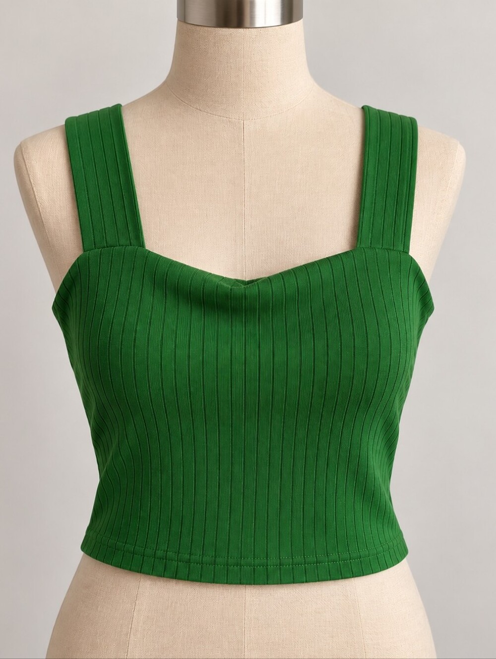Emerald Green Ribbed Knit Cropped Tank Top Wide Strap Square Neck